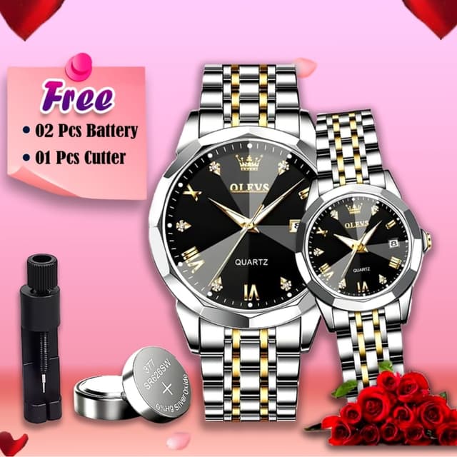 Olevs 9931 মডেলের ট্রেন্ডিং কাপল  ঘড়ি - ব্লাক কালার