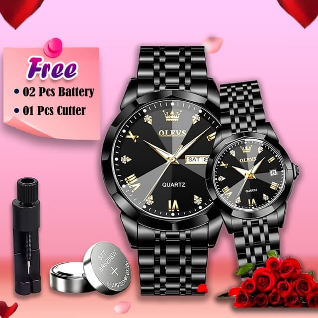 Olevs 9931 মডেলের ট্রেন্ডিং কাপল  ঘড়ি - ফুল ব্লাক কালার